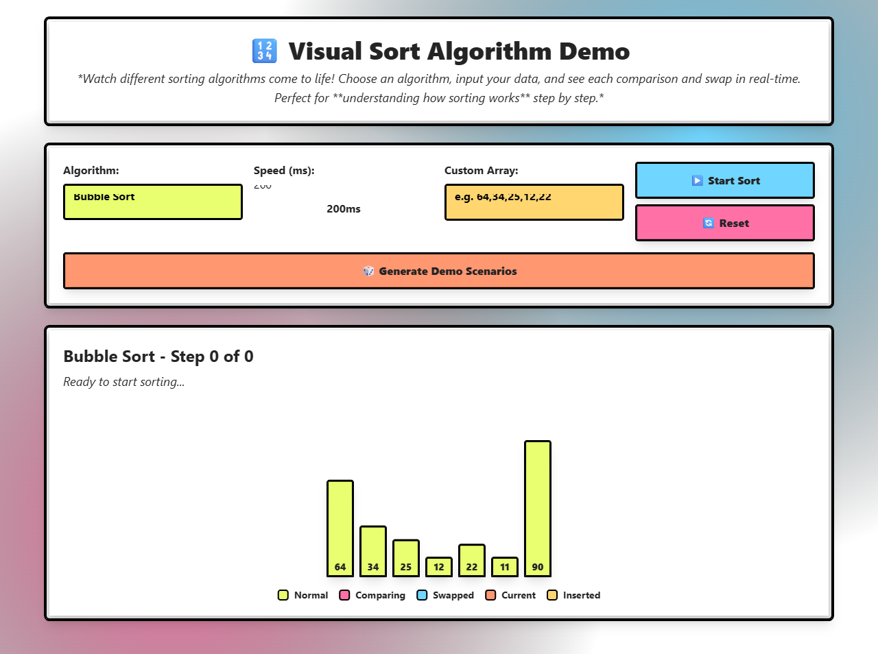 Visual Sorting Algorithms Simulator Screenshot